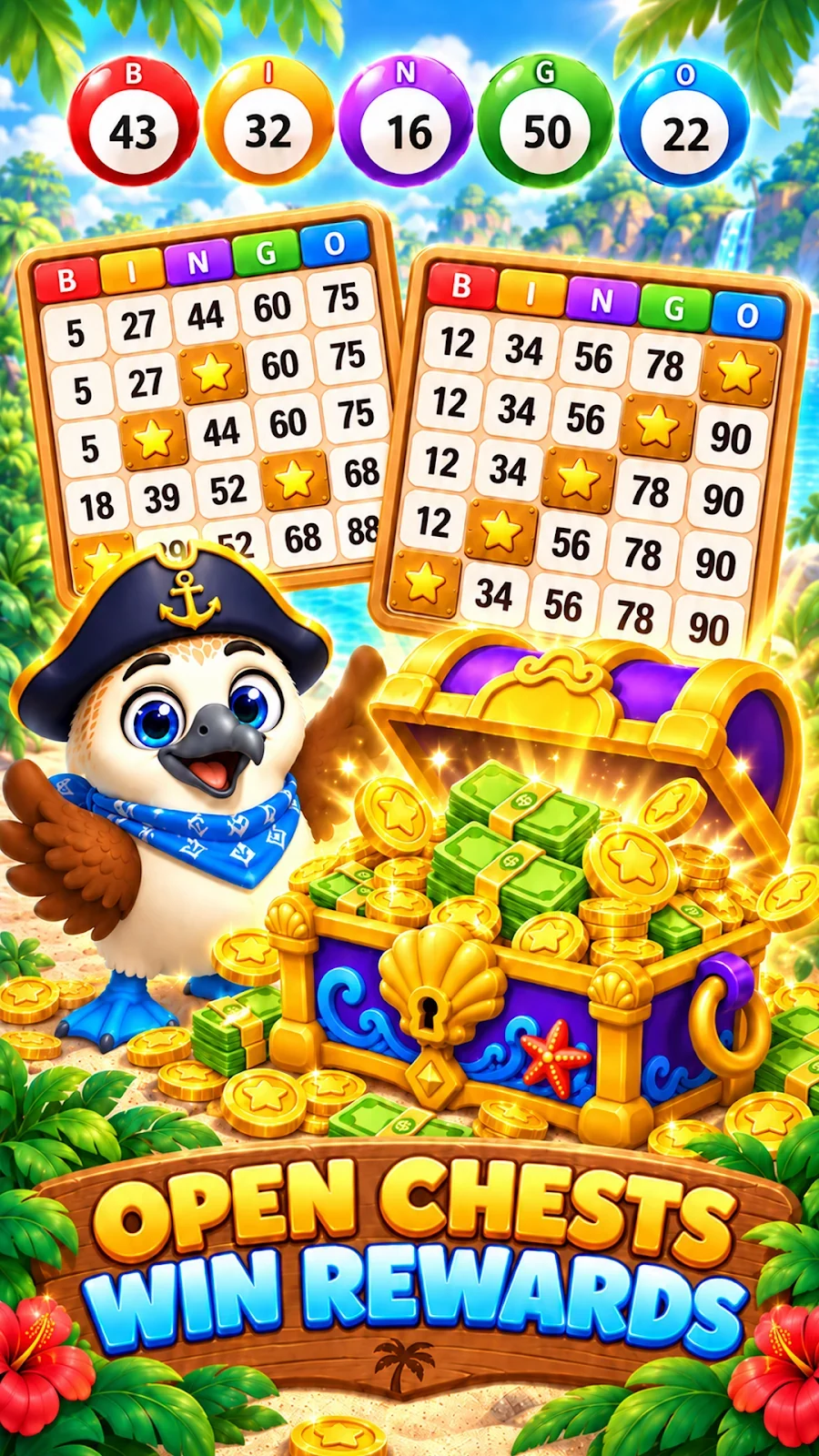 Bingo Dance bird character beside an island treasure chest