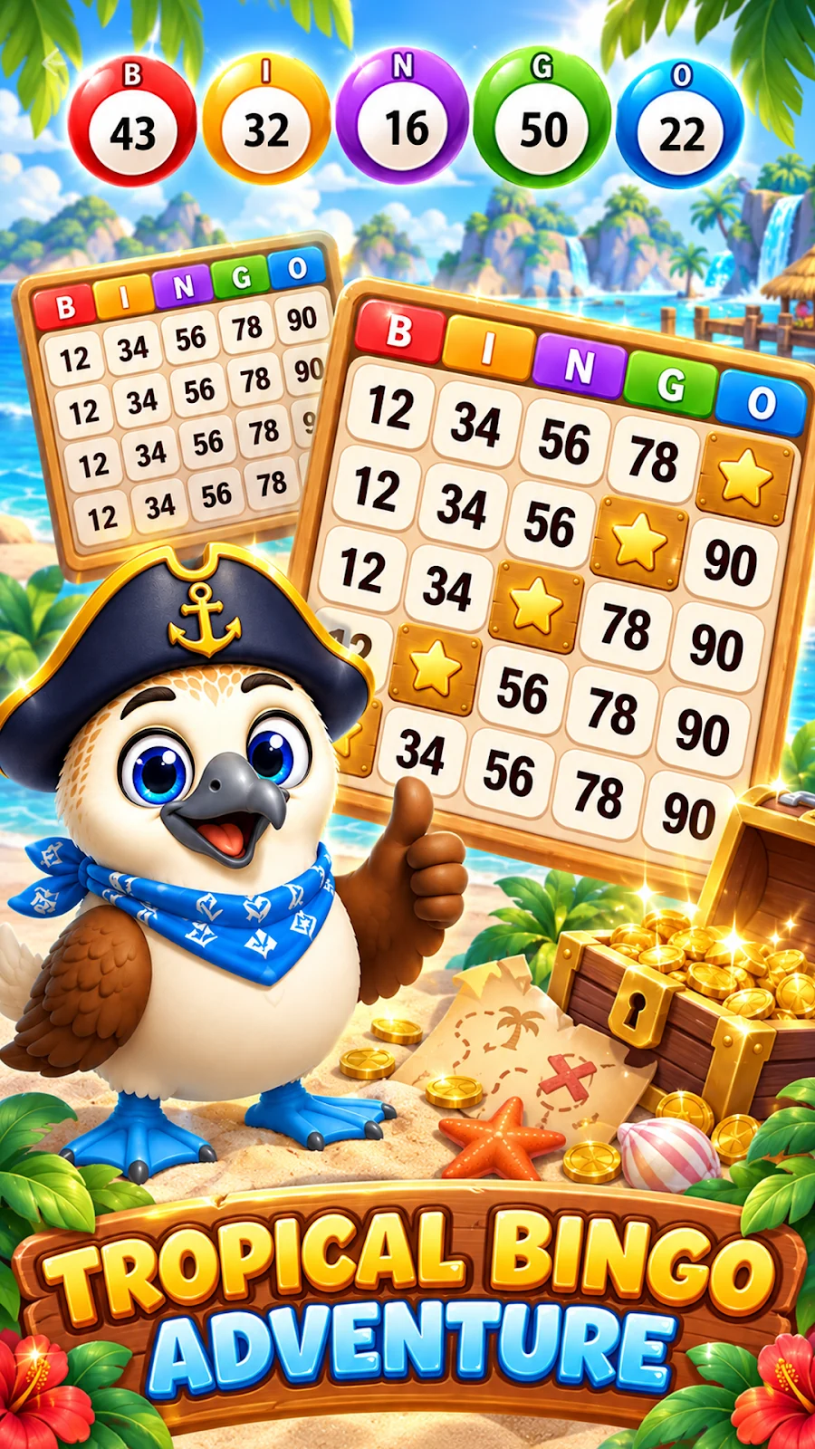 Bingo Dance tropical artwork with bingo cards and the pirate bird character